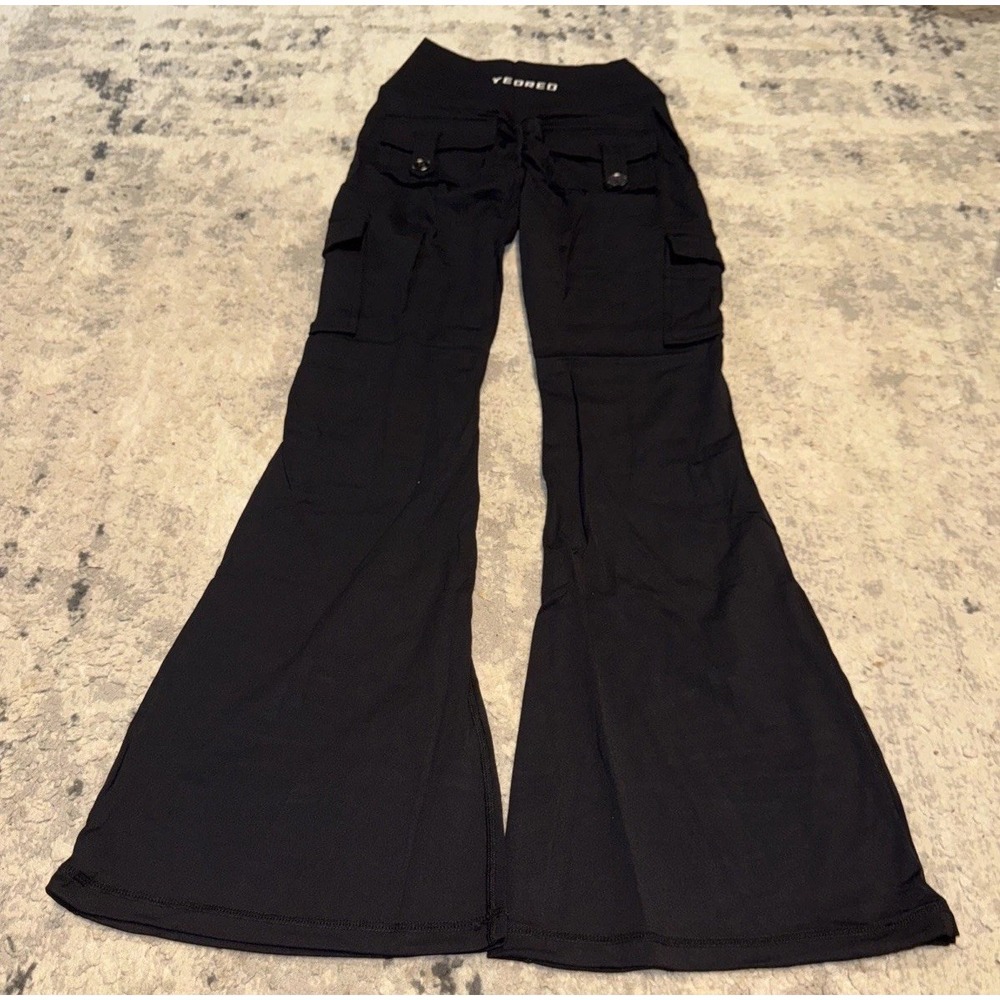 YEOREO Womens Sz Small Black Cargo High Rise Scrunch Butt Gym Pants Flare Hem